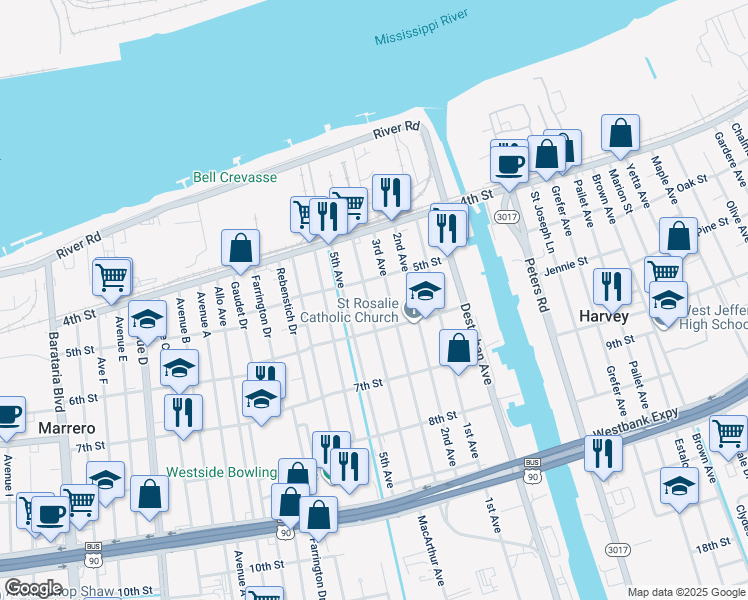 map of restaurants, bars, coffee shops, grocery stores, and more near 519 MacArthur Avenue in Harvey