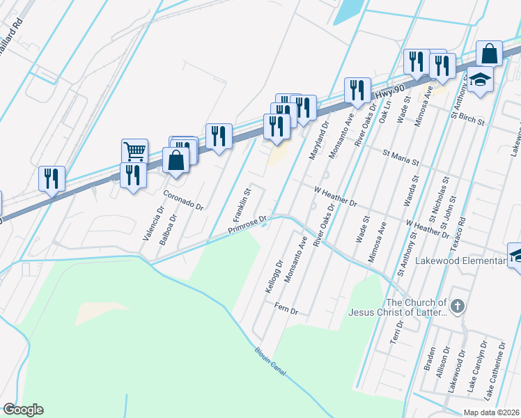 map of restaurants, bars, coffee shops, grocery stores, and more near 108 Avery Street in Luling