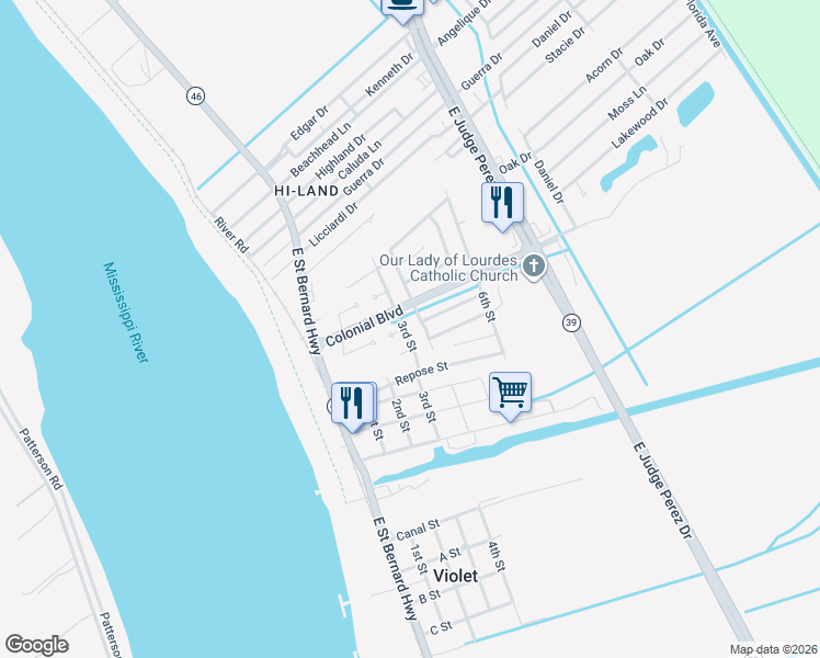 map of restaurants, bars, coffee shops, grocery stores, and more near in Violet