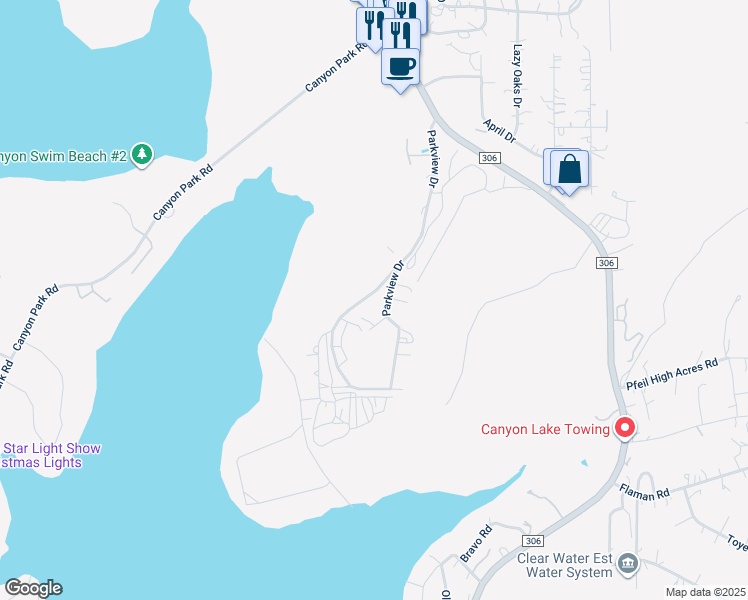 map of restaurants, bars, coffee shops, grocery stores, and more near 911 Parkview Drive in Canyon Lake