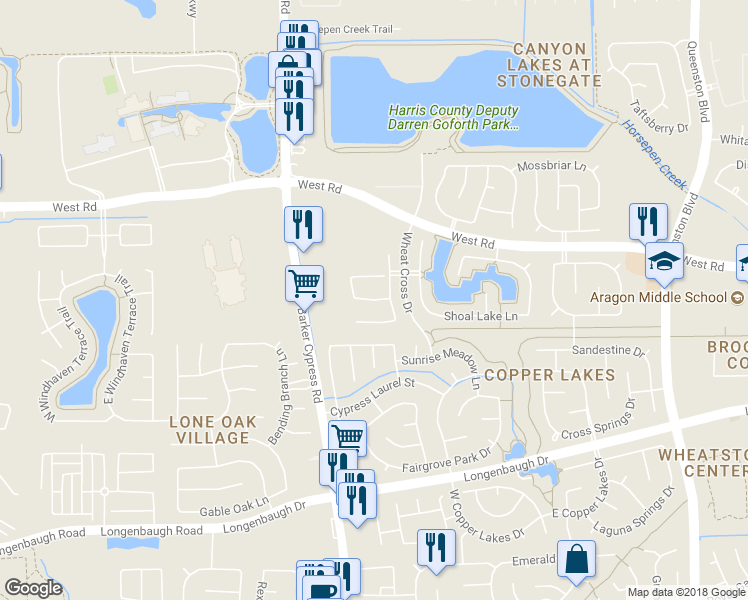 map of restaurants, bars, coffee shops, grocery stores, and more near Retreat Ridge Lane in Houston