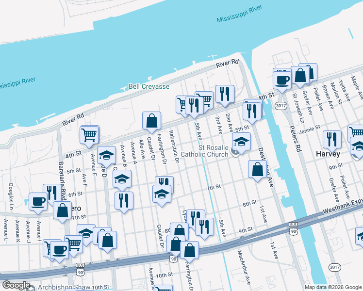 map of restaurants, bars, coffee shops, grocery stores, and more near 503 Fos Avenue in Harvey