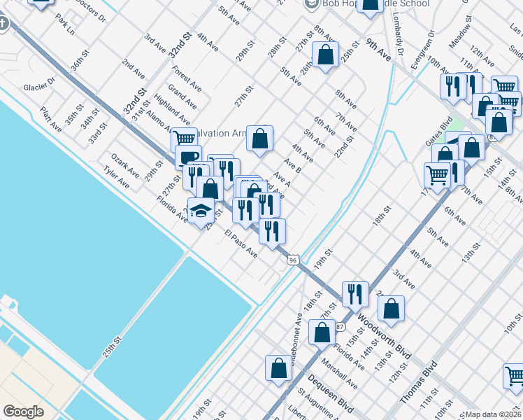 map of restaurants, bars, coffee shops, grocery stores, and more near 2415 2nd Avenue in Port Arthur