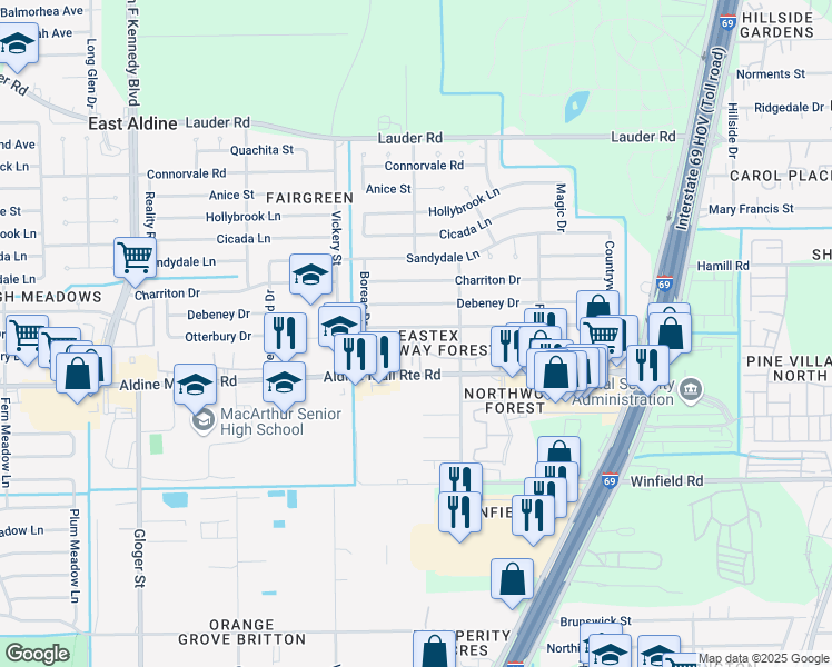 map of restaurants, bars, coffee shops, grocery stores, and more near 4802 Otterbury Drive in Houston