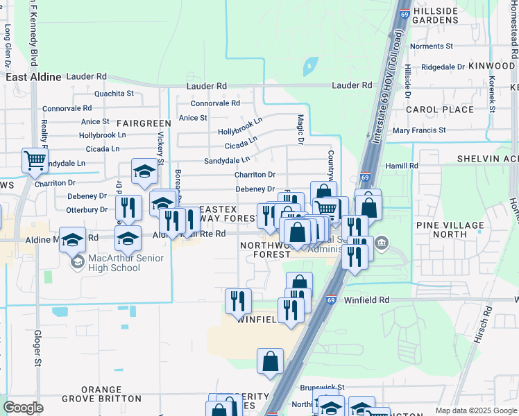 map of restaurants, bars, coffee shops, grocery stores, and more near 4926 Otterbury Drive in Houston