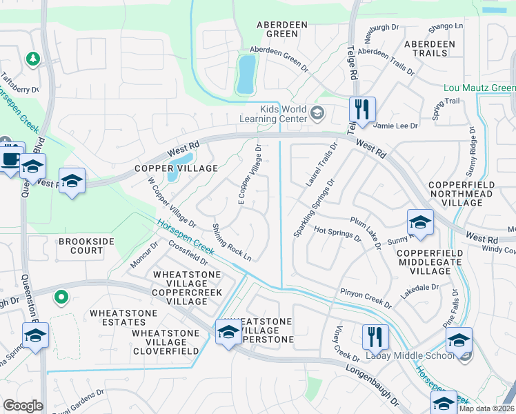 map of restaurants, bars, coffee shops, grocery stores, and more near 16202 Broken Timber Circle in Houston