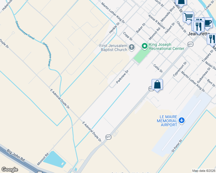 map of restaurants, bars, coffee shops, grocery stores, and more near 1019 Monnot Road in Jeanerette
