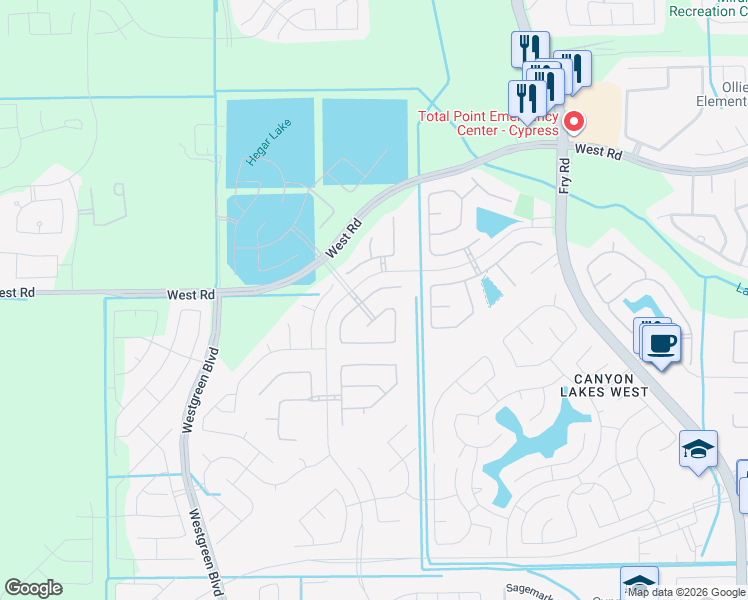 map of restaurants, bars, coffee shops, grocery stores, and more near Morrison Grove Drive in Cypress