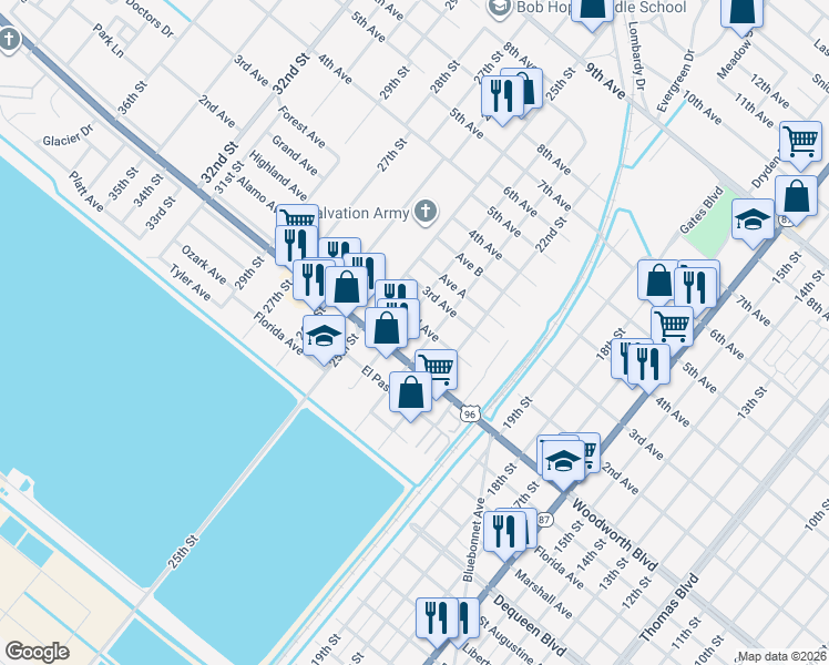 map of restaurants, bars, coffee shops, grocery stores, and more near 2415 2nd Ave in Port Arthur