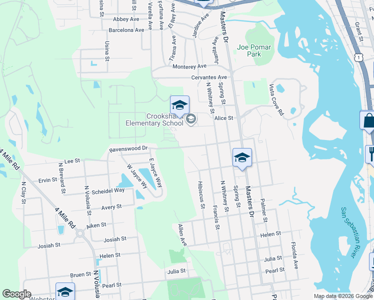 map of restaurants, bars, coffee shops, grocery stores, and more near 325 Ravenswood Drive in St. Augustine
