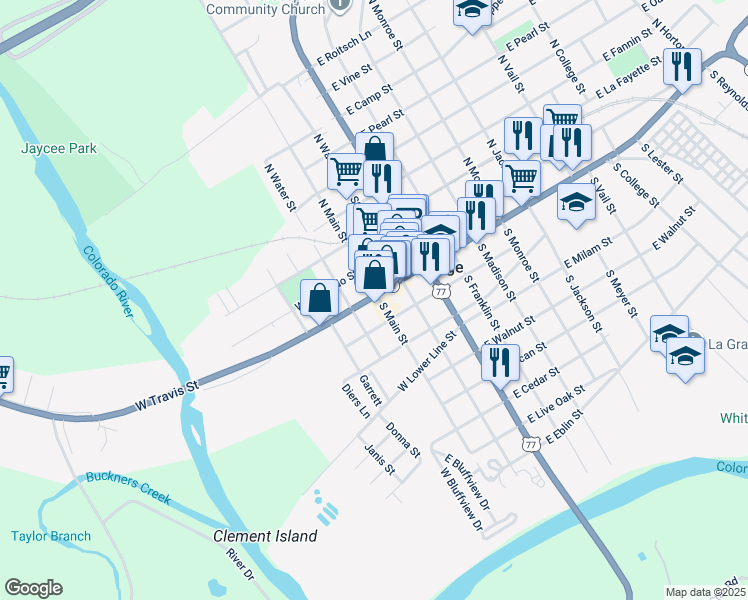 map of restaurants, bars, coffee shops, grocery stores, and more near 104 South Main Street in La Grange