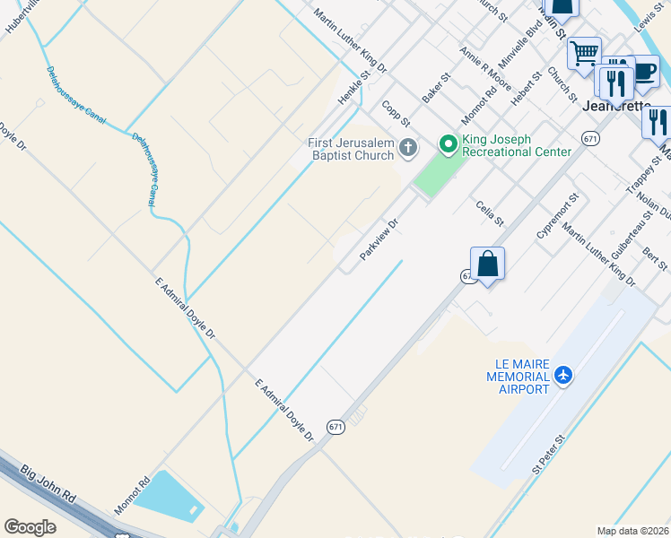 map of restaurants, bars, coffee shops, grocery stores, and more near 1019 Monnot Road in Jeanerette