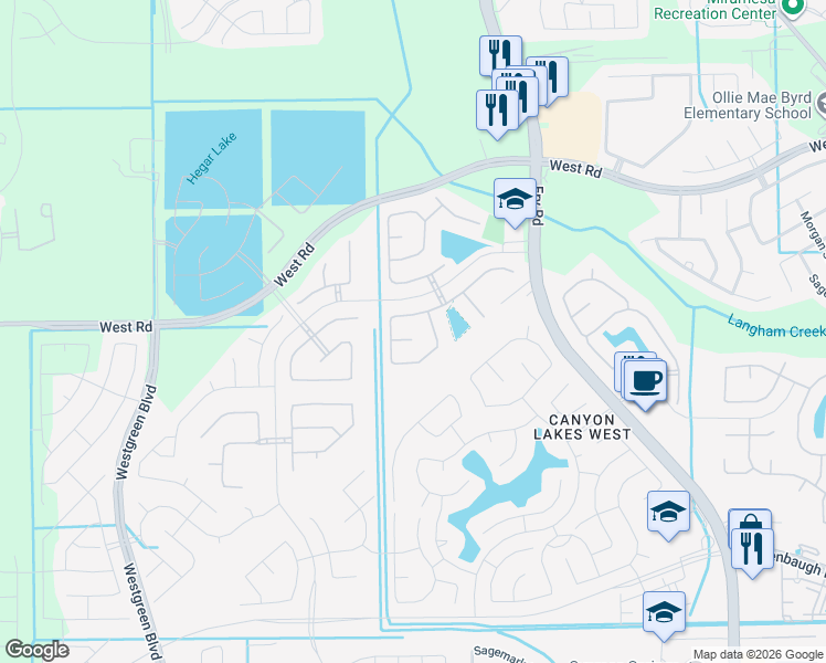 map of restaurants, bars, coffee shops, grocery stores, and more near 20710 Feron Lane in Harris County