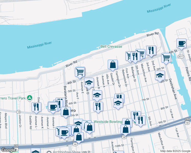 map of restaurants, bars, coffee shops, grocery stores, and more near 401 Avenue C in Marrero