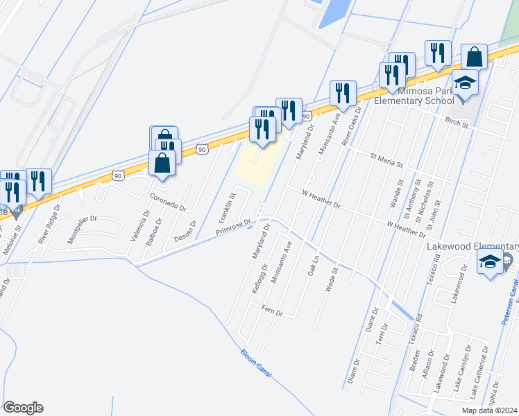 map of restaurants, bars, coffee shops, grocery stores, and more near 108 Avery Street in Luling