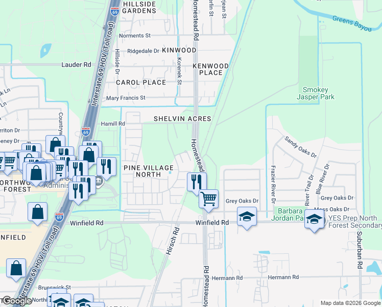 map of restaurants, bars, coffee shops, grocery stores, and more near 5822 Twisted Pine Court in Houston