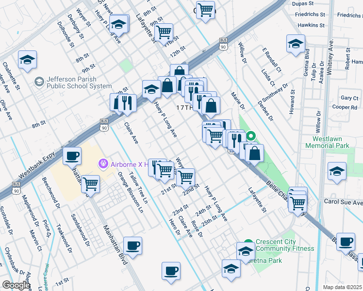 map of restaurants, bars, coffee shops, grocery stores, and more near Huey P Long Avenue in Gretna