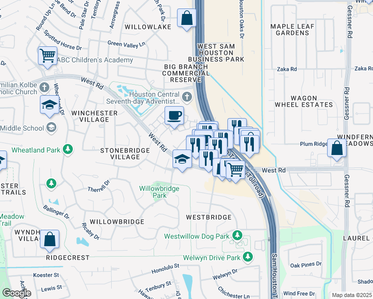 map of restaurants, bars, coffee shops, grocery stores, and more near 9404 West Road in Houston