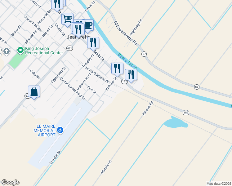 map of restaurants, bars, coffee shops, grocery stores, and more near 199 Manuel Lane in Jeanerette
