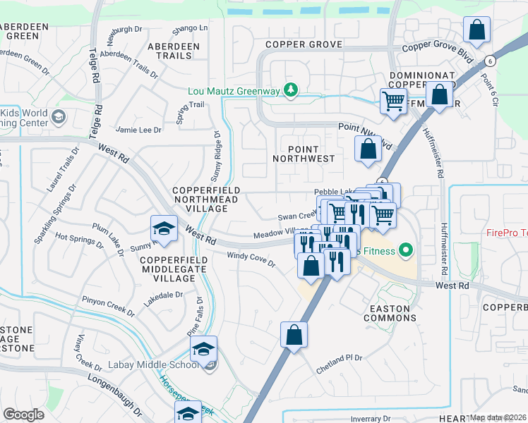 map of restaurants, bars, coffee shops, grocery stores, and more near 15506 Swan Creek Drive in Houston