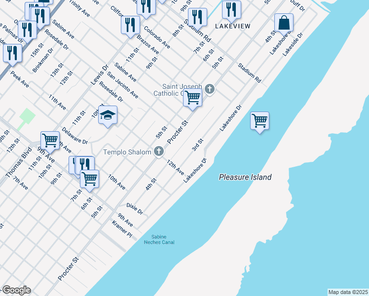 map of restaurants, bars, coffee shops, grocery stores, and more near 4028 4th Street in Port Arthur