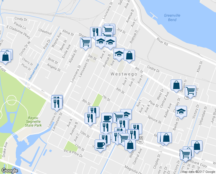 map of restaurants, bars, coffee shops, grocery stores, and more near 716 Avenue D in Westwego