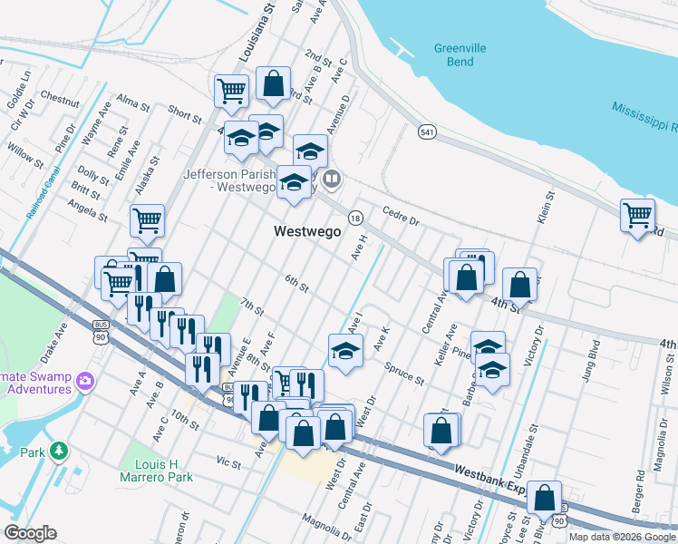 map of restaurants, bars, coffee shops, grocery stores, and more near 620 Avenue H in Westwego