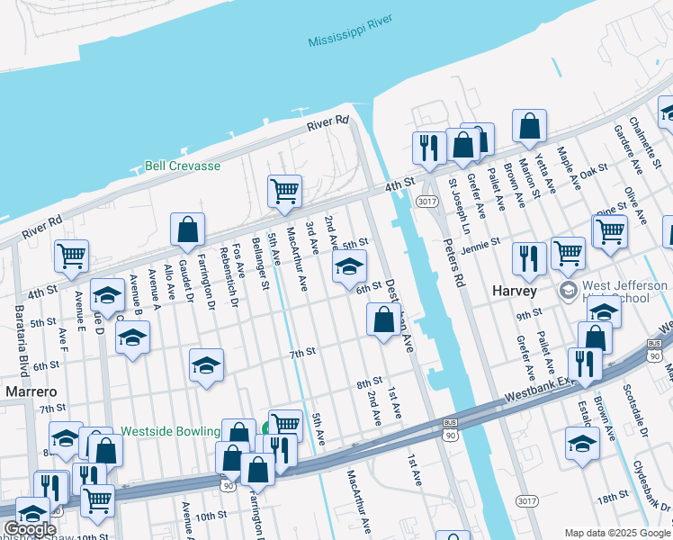 map of restaurants, bars, coffee shops, grocery stores, and more near 542 2nd Avenue in Harvey