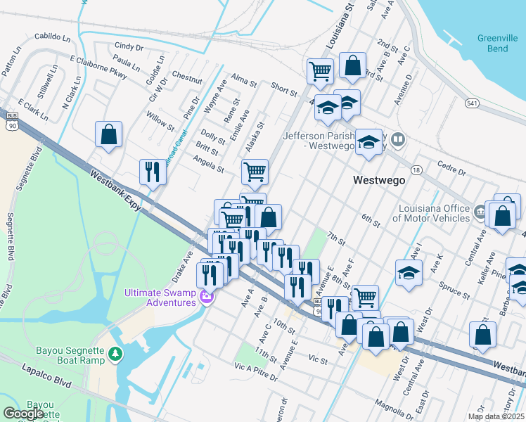 map of restaurants, bars, coffee shops, grocery stores, and more near 259 Laroussini Street in Westwego