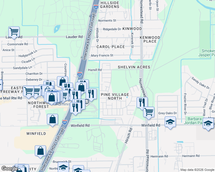 map of restaurants, bars, coffee shops, grocery stores, and more near 12311 West Village Drive in Houston