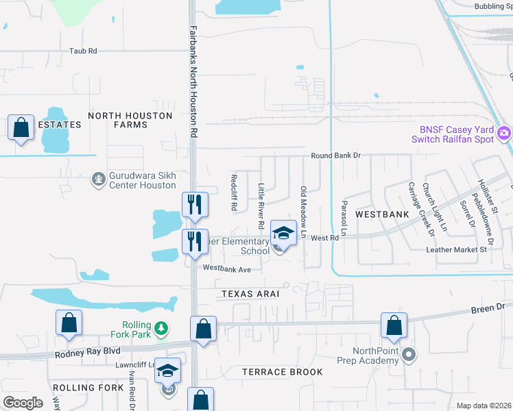 map of restaurants, bars, coffee shops, grocery stores, and more near 8502 Rivercross Road in Houston
