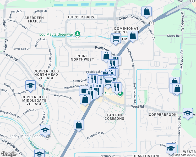 map of restaurants, bars, coffee shops, grocery stores, and more near 8519 Pearl Lake Drive in Houston
