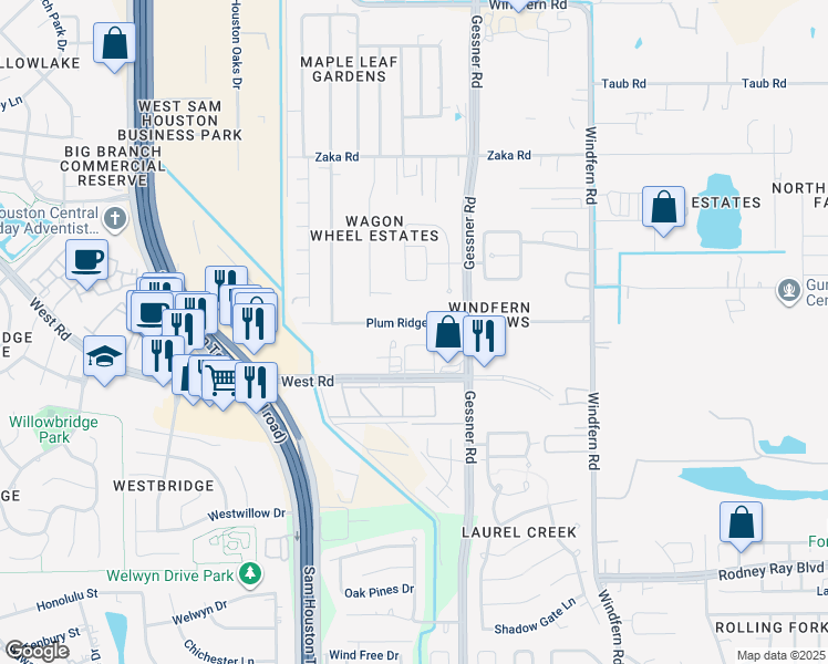 map of restaurants, bars, coffee shops, grocery stores, and more near 9607 Plum Ridge Drive in Houston