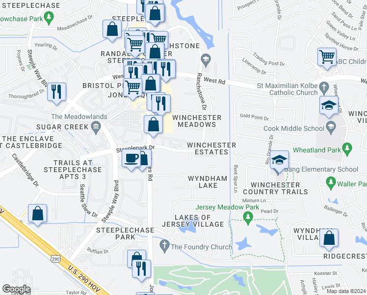 map of restaurants, bars, coffee shops, grocery stores, and more near 10903 Paterno Drive in Houston
