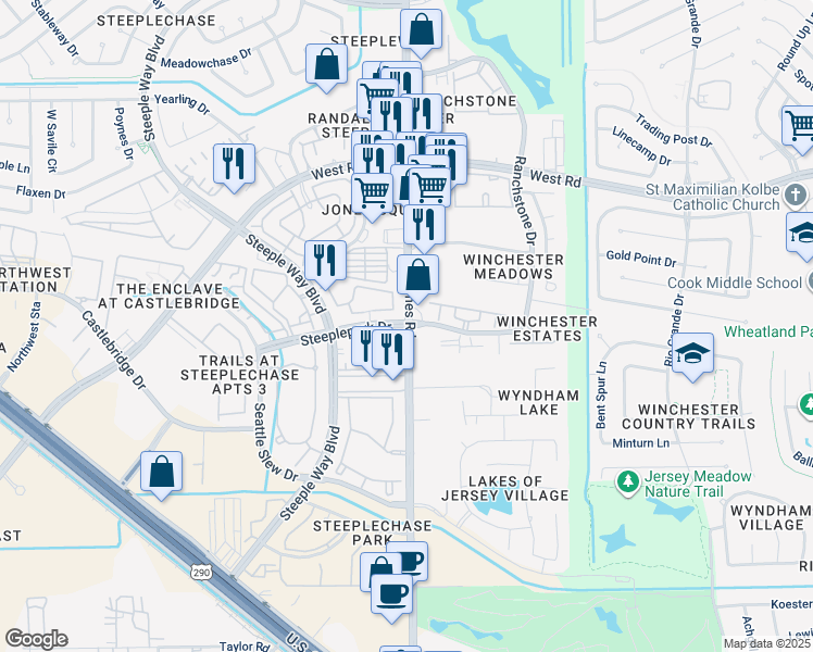 map of restaurants, bars, coffee shops, grocery stores, and more near Steeplepark Drive in Houston