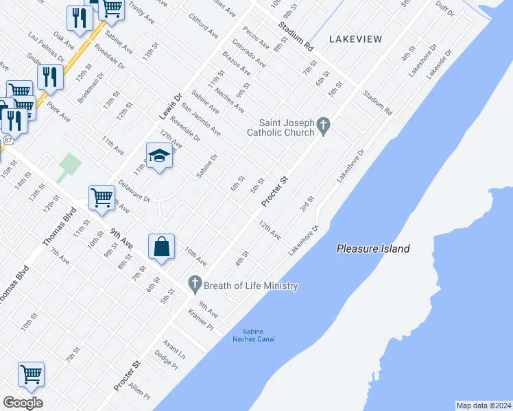 map of restaurants, bars, coffee shops, grocery stores, and more near 4000 Procter Street in Port Arthur