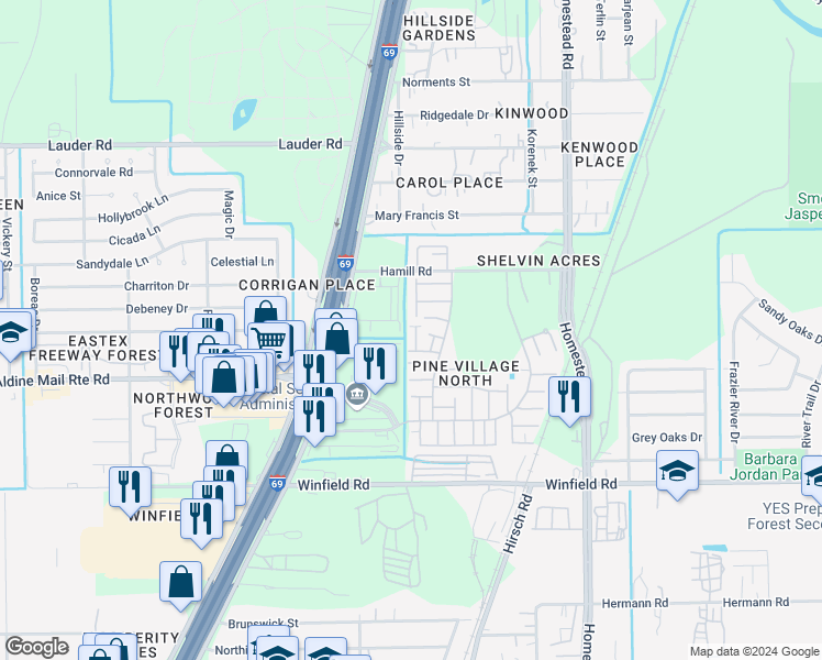 map of restaurants, bars, coffee shops, grocery stores, and more near 5306 Pine Park Drive in Houston