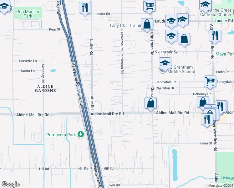map of restaurants, bars, coffee shops, grocery stores, and more near 13105 Reeveston Road in Houston