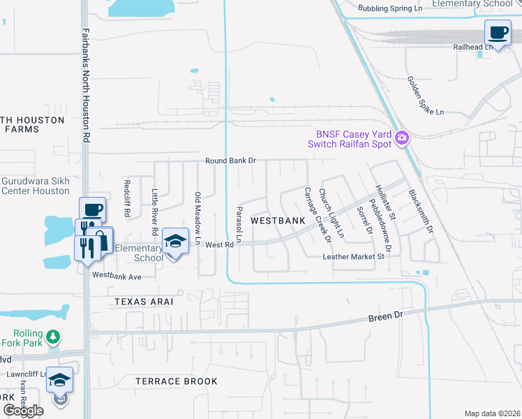 map of restaurants, bars, coffee shops, grocery stores, and more near 7806 Lamppost Court in Houston