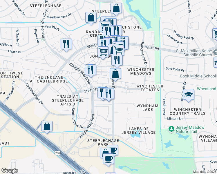 map of restaurants, bars, coffee shops, grocery stores, and more near 8878 Jones Road in Houston
