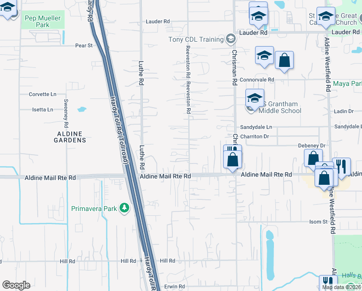 map of restaurants, bars, coffee shops, grocery stores, and more near 13105 Reeveston Road in Houston