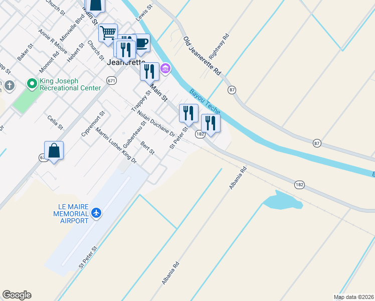 map of restaurants, bars, coffee shops, grocery stores, and more near 199 Manuel Lane in Jeanerette