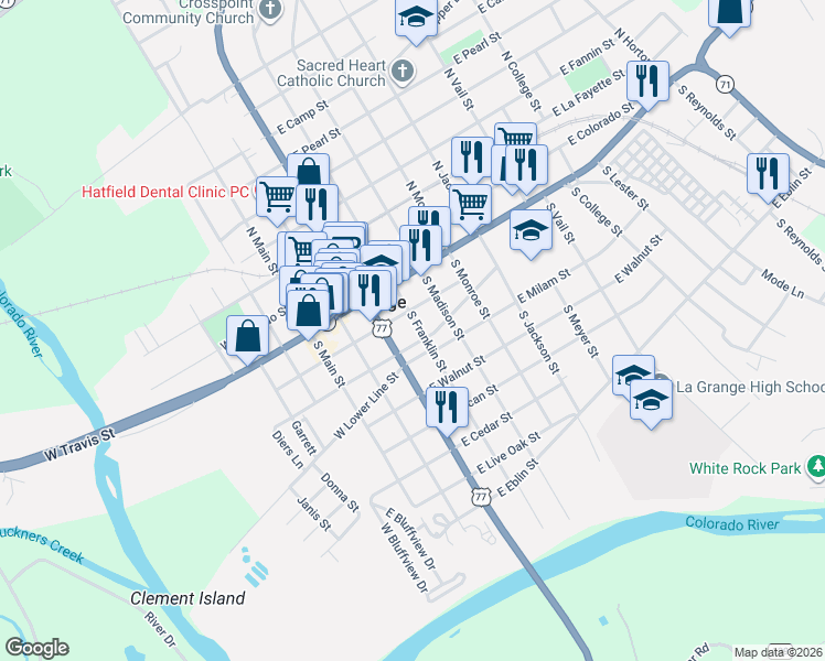 map of restaurants, bars, coffee shops, grocery stores, and more near 152 East Milam Street in La Grange