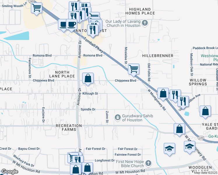 map of restaurants, bars, coffee shops, grocery stores, and more near 5634 Killough Street in Houston