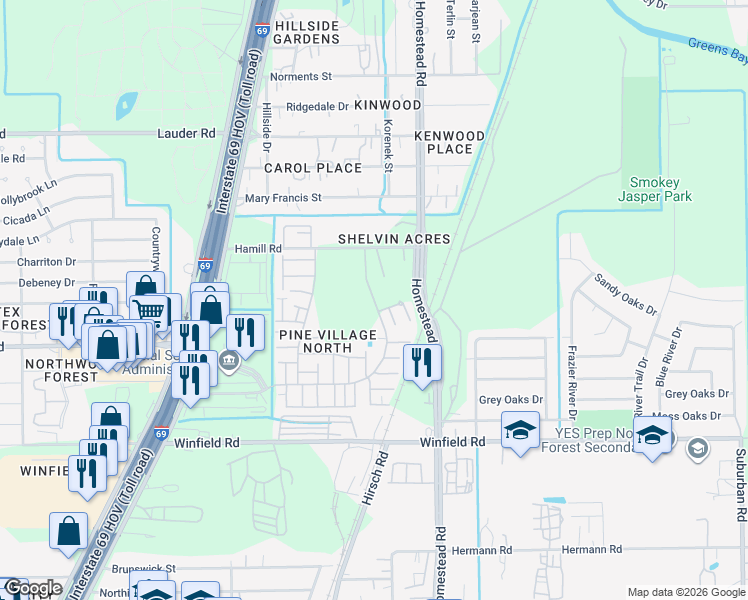 map of restaurants, bars, coffee shops, grocery stores, and more near Wild Pine Drive in Houston