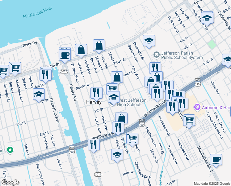 map of restaurants, bars, coffee shops, grocery stores, and more near 2320 8th Street in Harvey