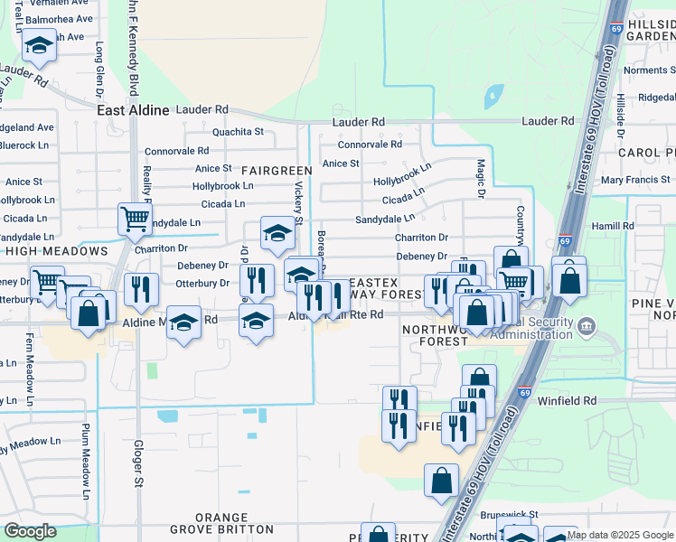 map of restaurants, bars, coffee shops, grocery stores, and more near 12302 Boreas Drive in Houston