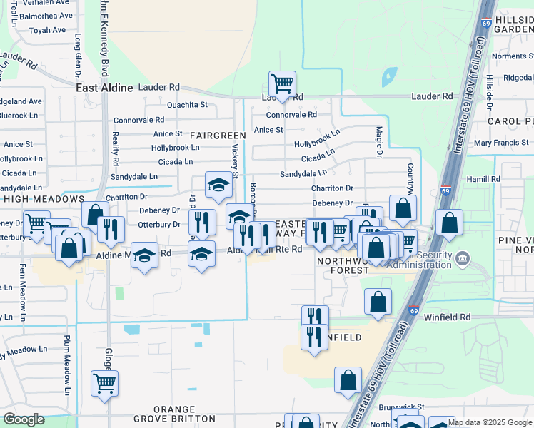 map of restaurants, bars, coffee shops, grocery stores, and more near 12302 Boreas Drive in Houston
