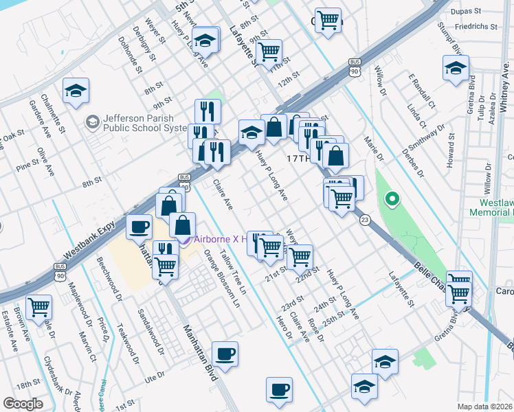 map of restaurants, bars, coffee shops, grocery stores, and more near 1712 Stafford Street in Gretna