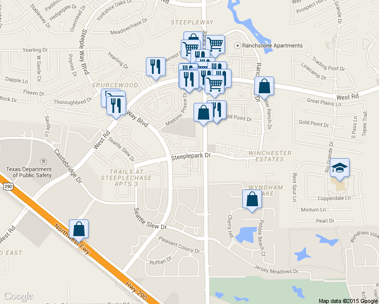 map of restaurants, bars, coffee shops, grocery stores, and more near 9001 Jones Road in Houston